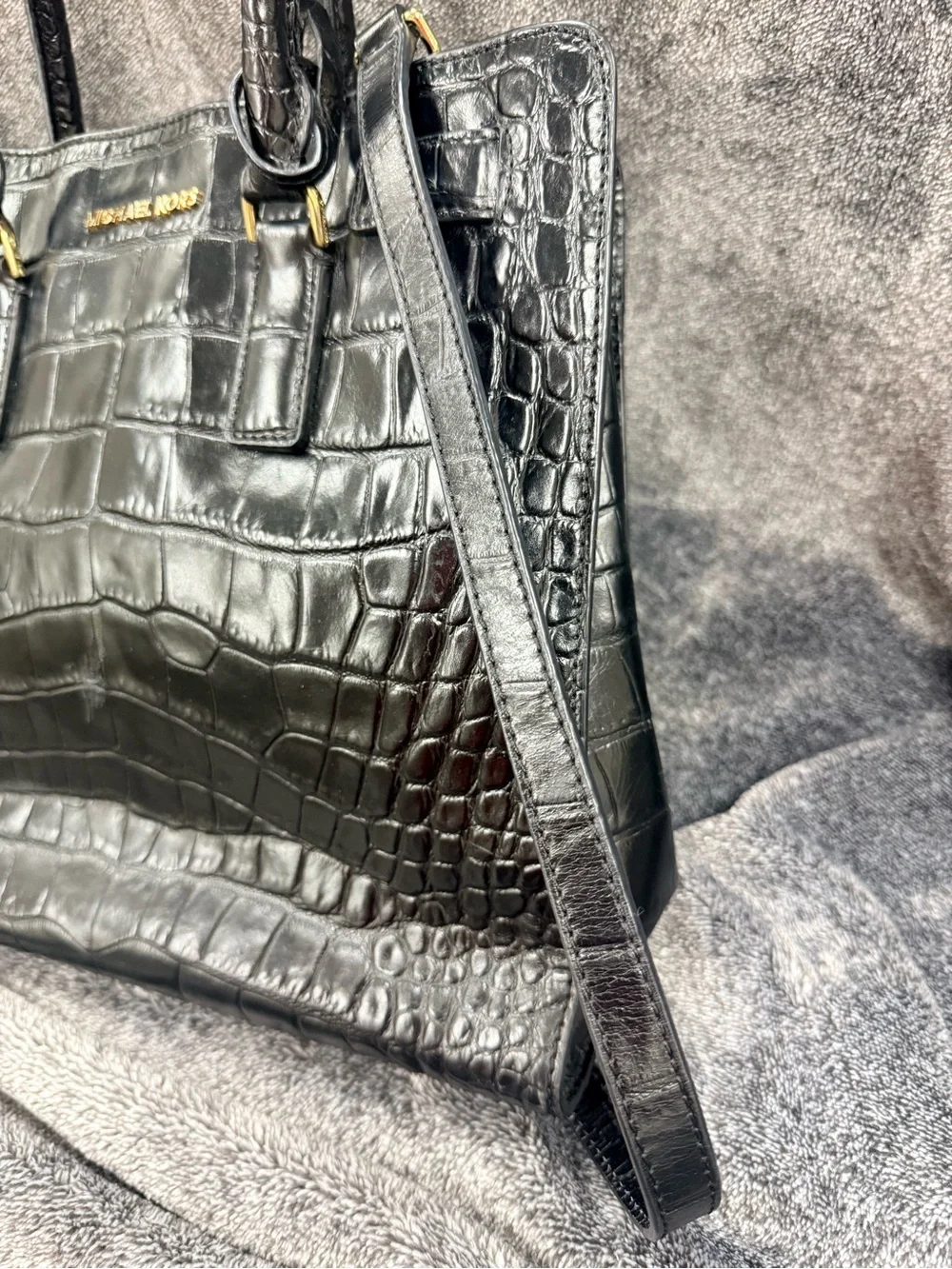 Michael Kors Black Croc-Embossed Leather Satchel with Strap